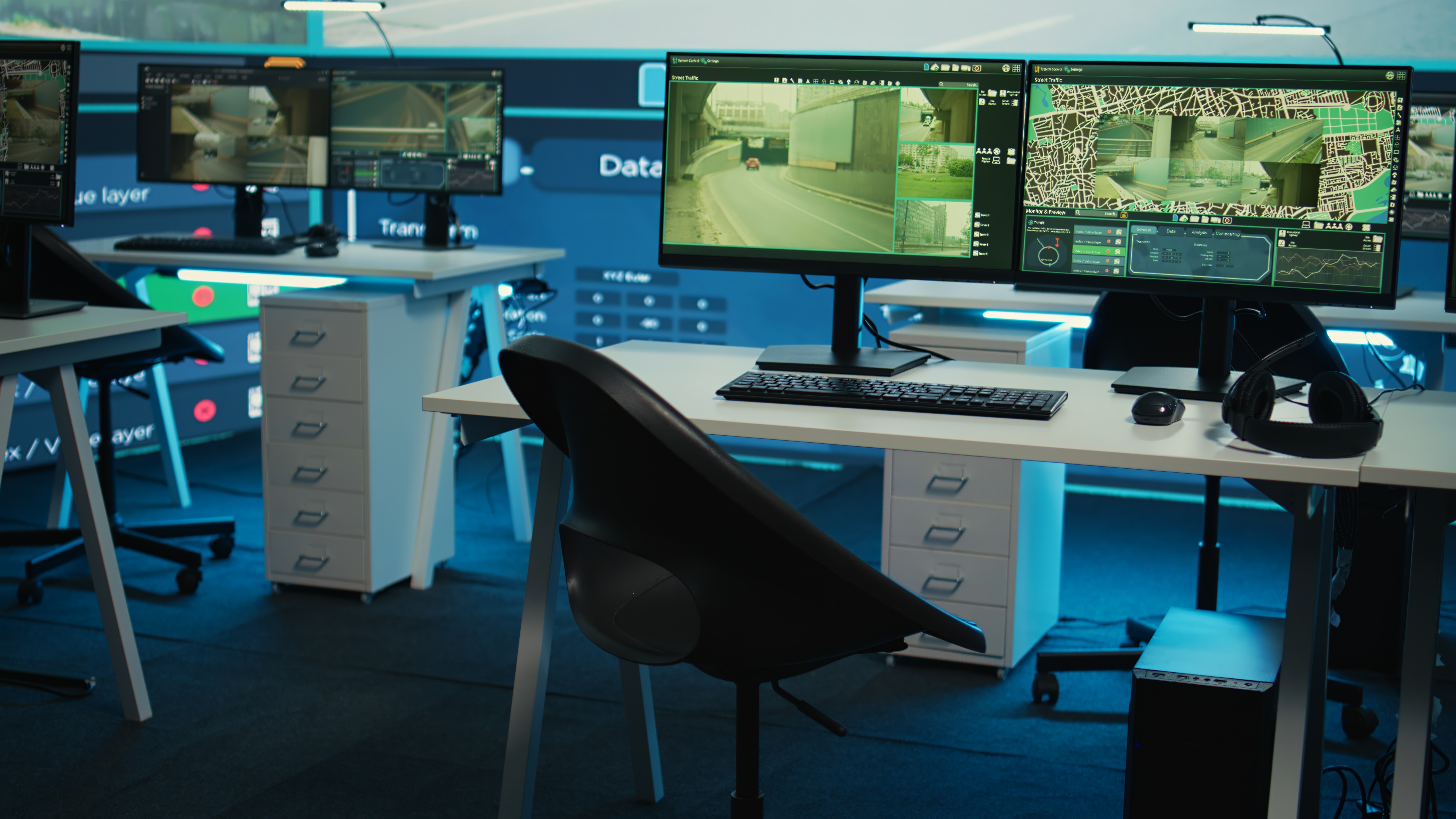 Empty government headquarters used to oversee traffic surveillance video on CCTV security system. Satellite communication tracking and plate recognition in control center, reconnaissance.